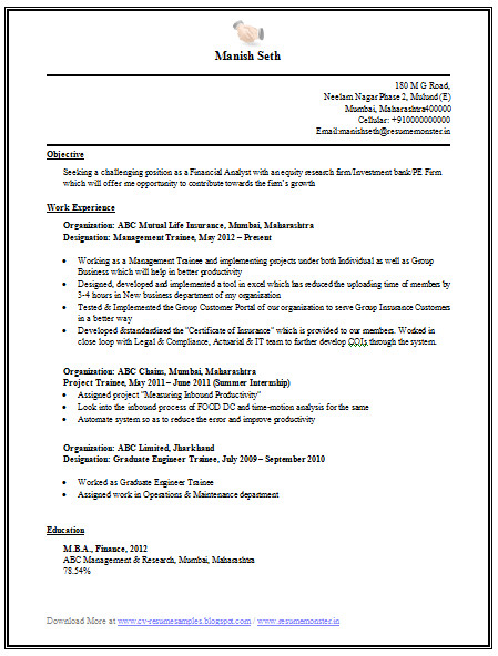 engineering mba finance resume sample