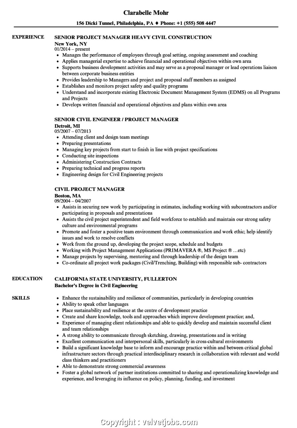 top civil engineer project manager resume