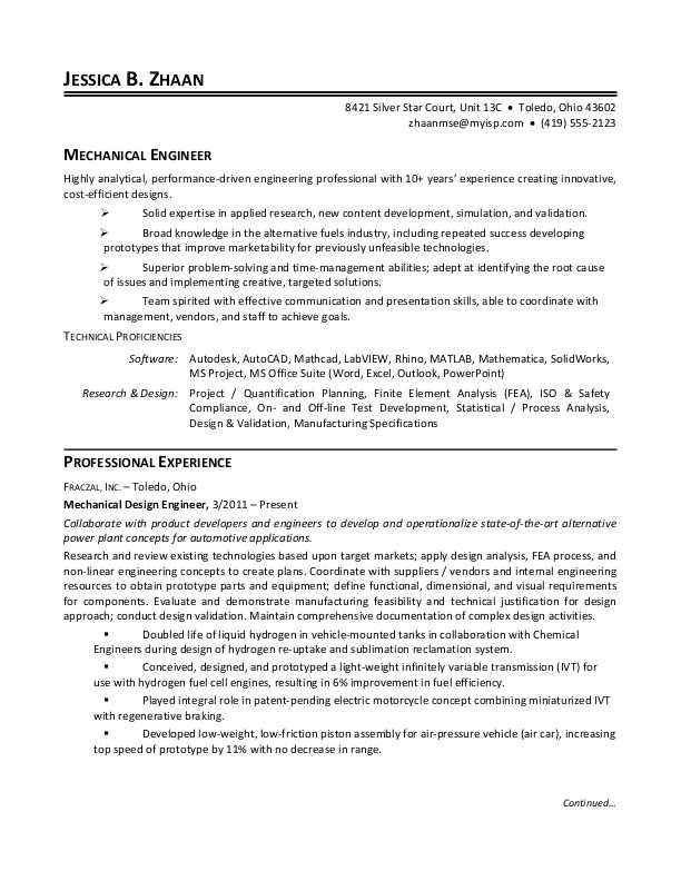 sample resume mechanical engineer