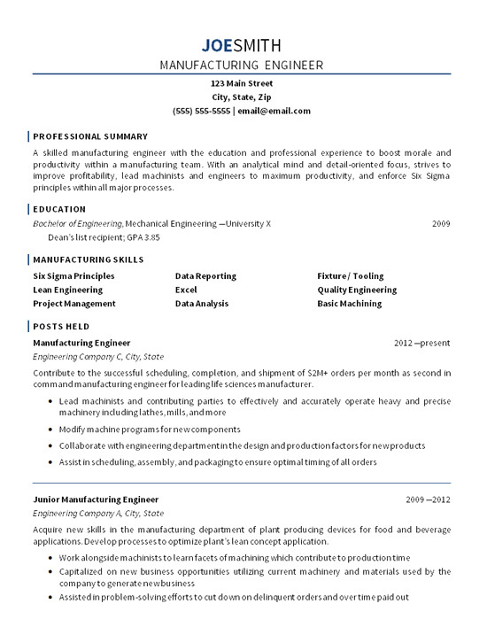 manufacturing engineer resume example
