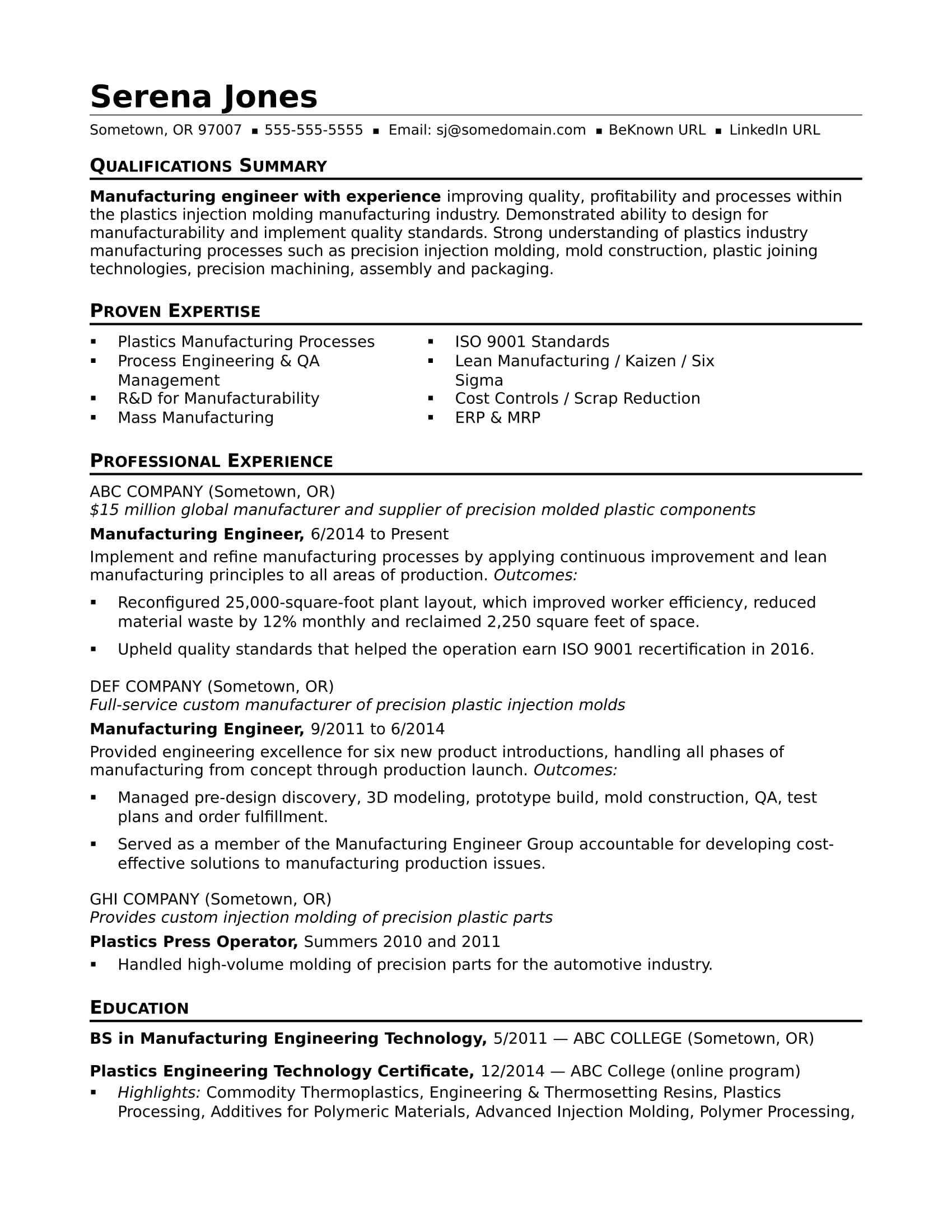 sample resume manufacturing engineer midlevel