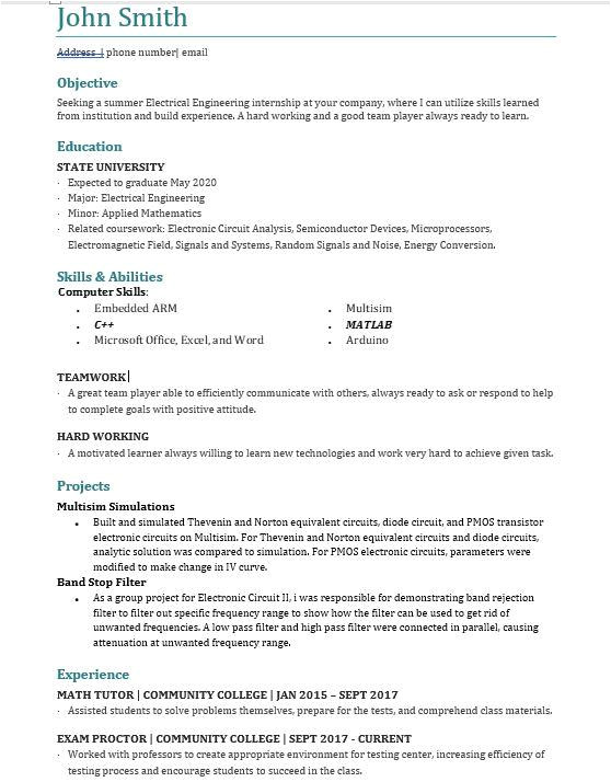 electrical engineering student resume for summer
