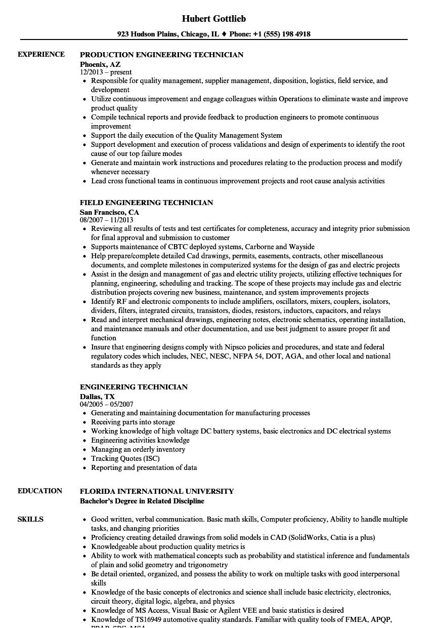 engineering technician resume sample