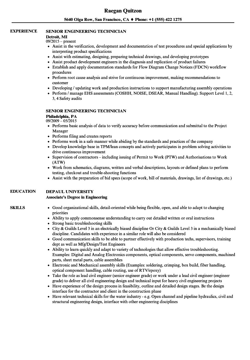 senior engineering technician resume sample
