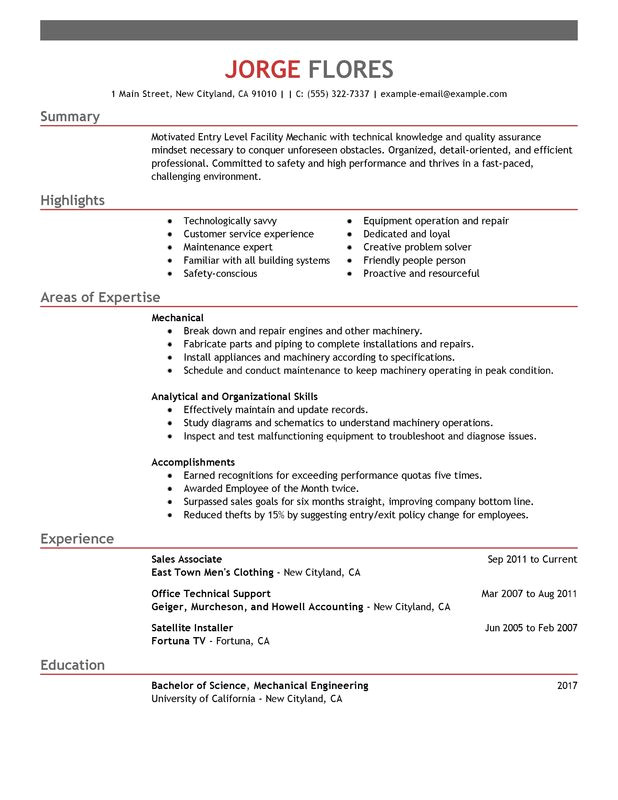 entry level mechanic resume sample