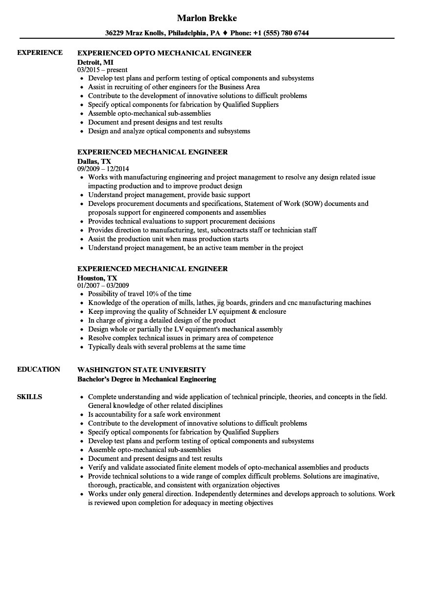 Experienced Mechanical Engineer Resume Experienced Mechanical Engineer Resume Samples Velvet Jobs