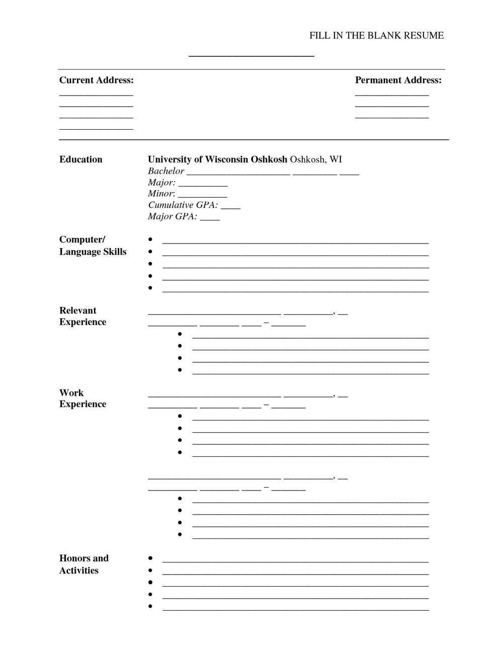 fill in the blank resume template for highschool students