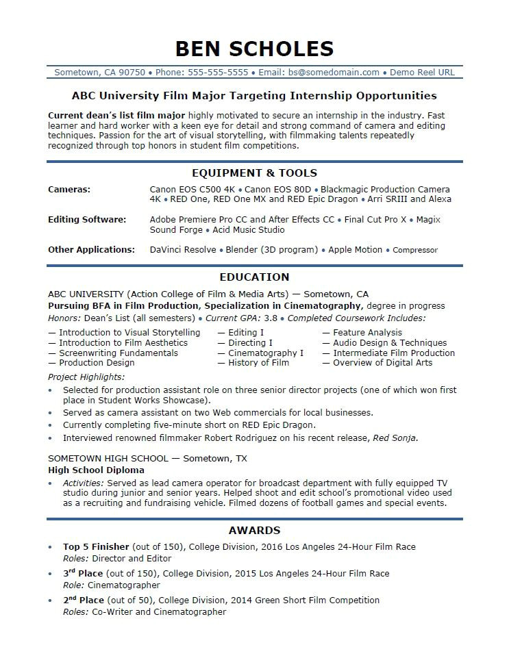 sample resume film industry internship