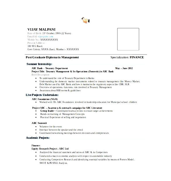 mba finance fresher resume word format free download