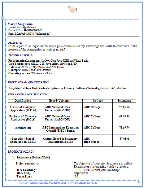 Free Download Mca Fresher Resume format Over 10000 Cv and Resume Samples with Free Download Mca