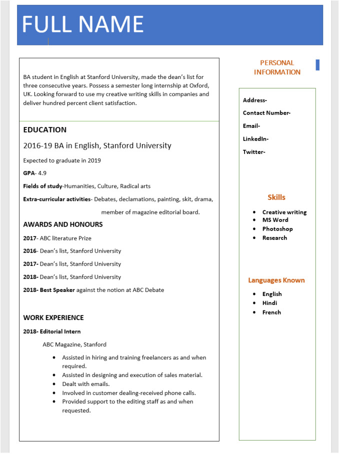 Free Fresher Resume format Download In Ms Word top 10 Fresher Resume format In Ms Word Free Download