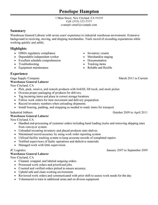 General Labor Resume Samples General Labor Resume Examples Free to Try today