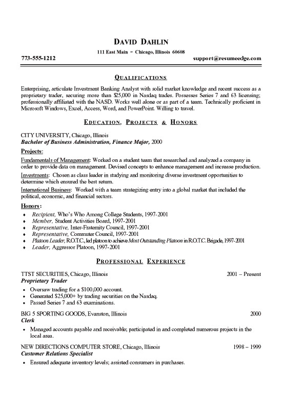 finance student resume example