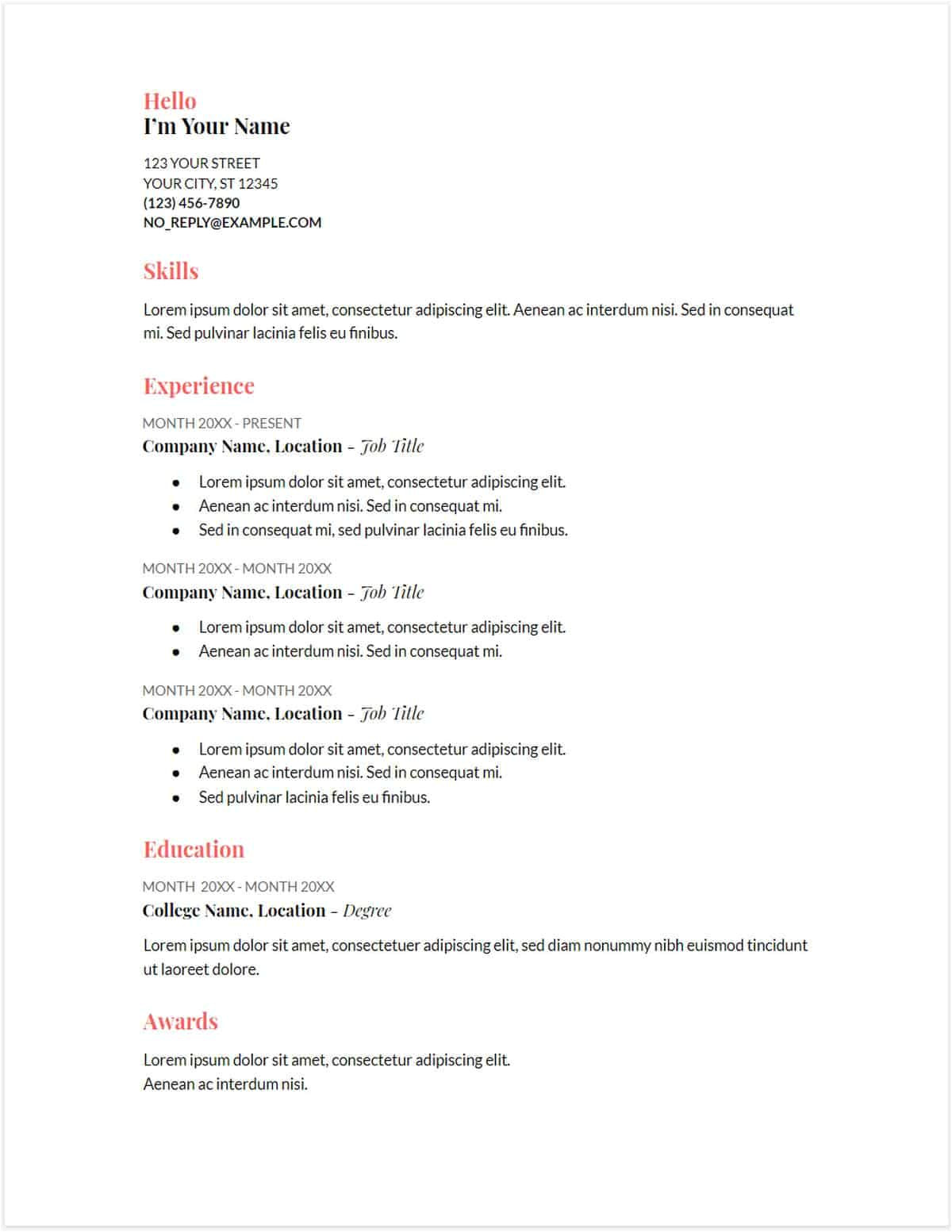 resume templates for google docs