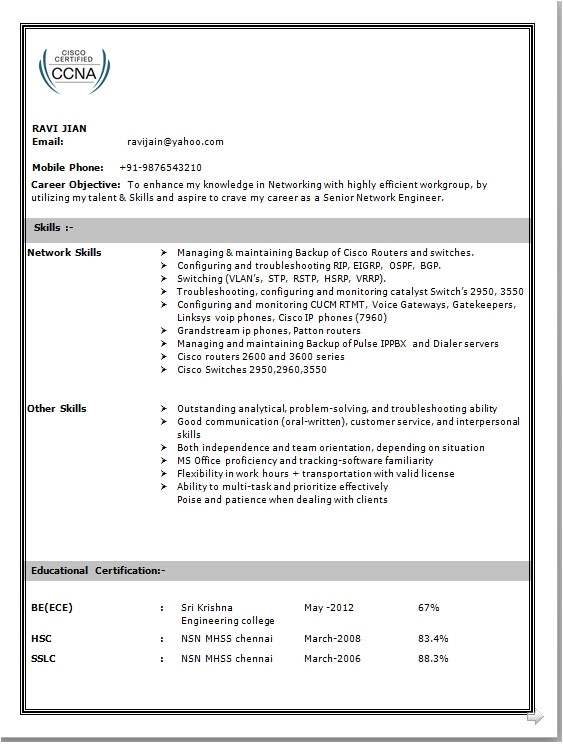 resume format for freshers networking engineers