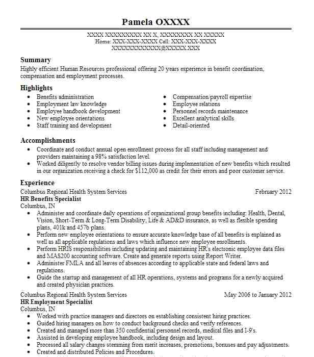 hr benefits specialist resume objective