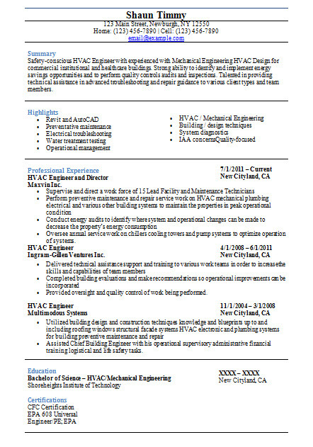 hvac maintenance engineer sample resume