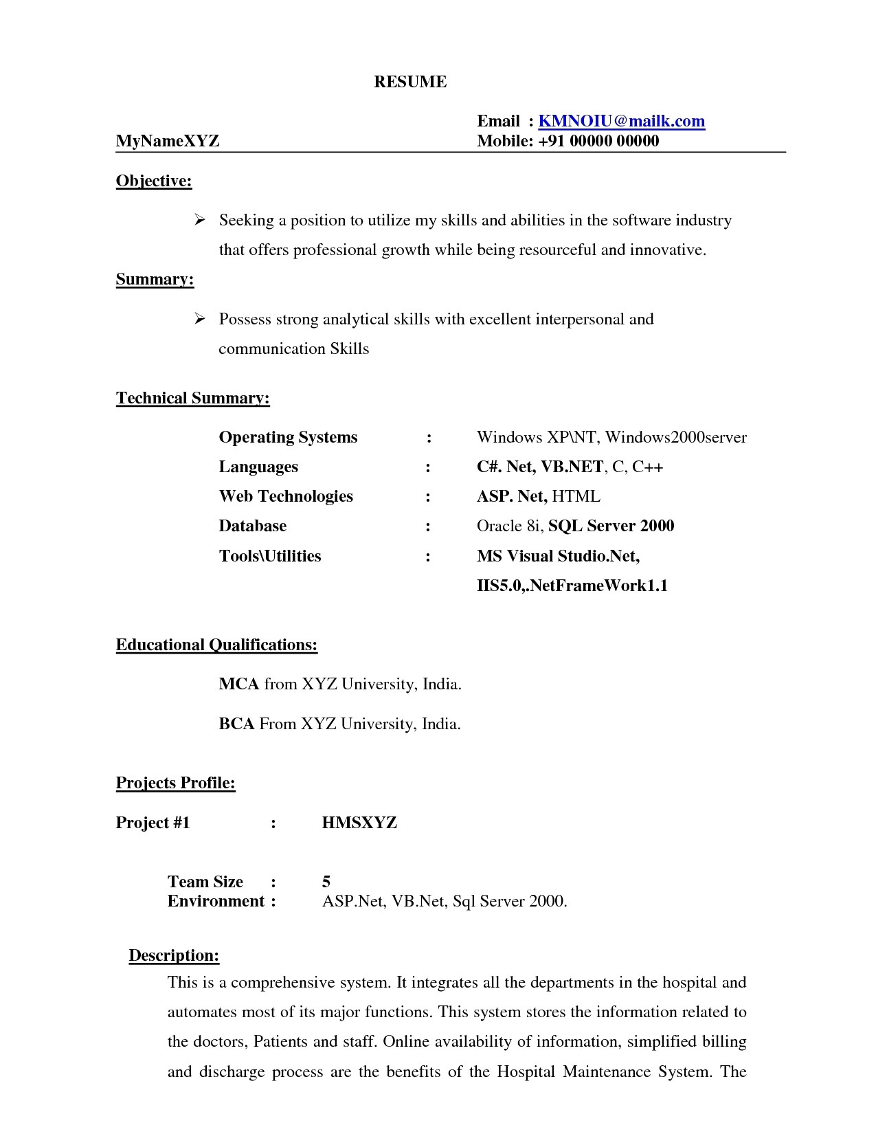 resume samples for freshers in india