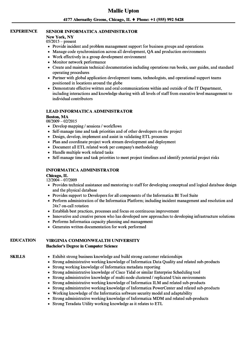 informatica administrator resume sample