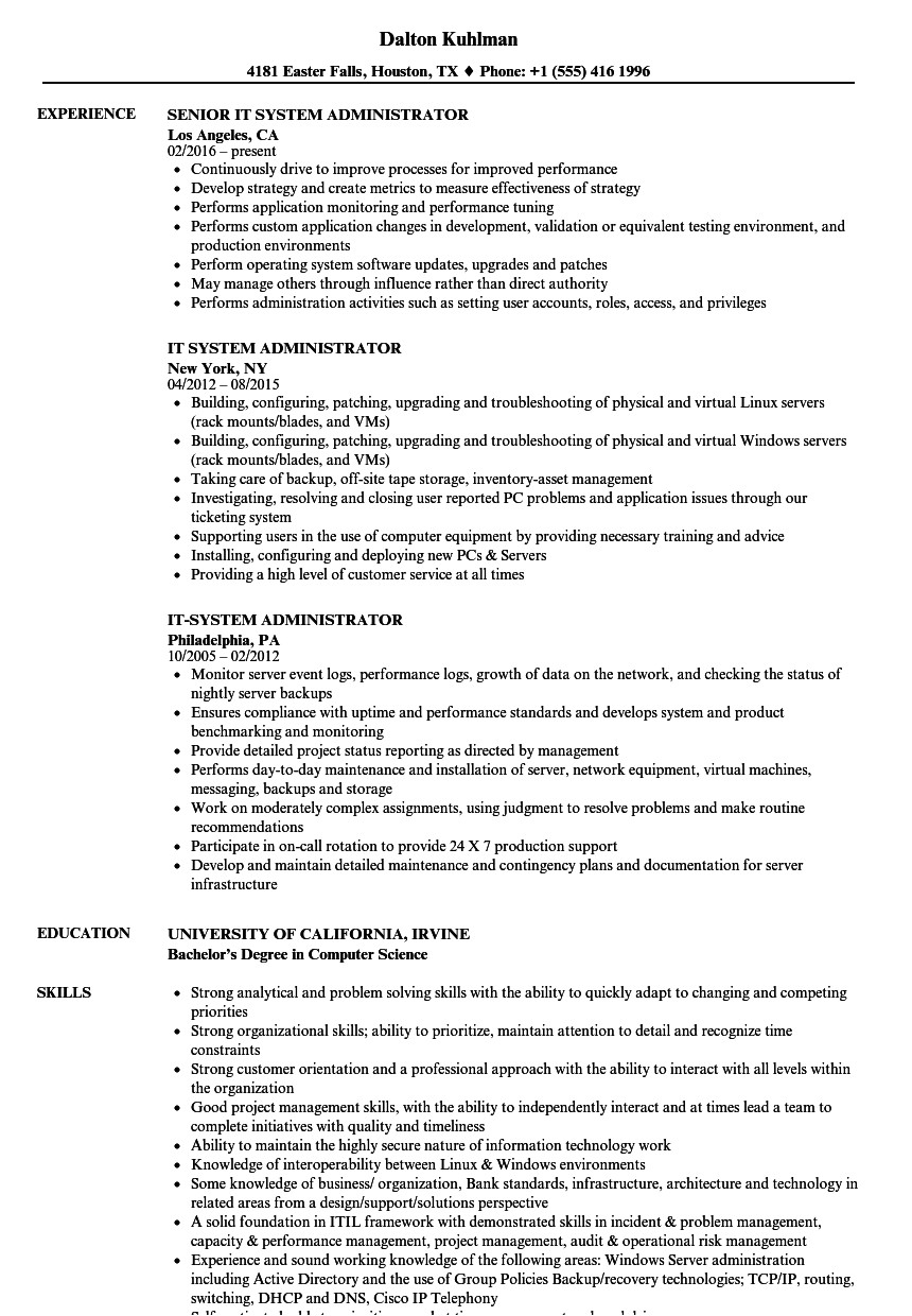 It Administrator Sample Resume It System Administrator Resume Samples Velvet Jobs