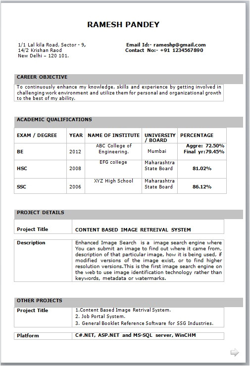 it fresher resume format in word