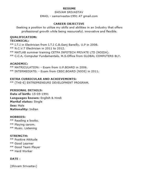 Iti Electrician Fresher Resume format 40 Fresher Resume Examples