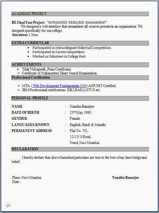 fresher resume format