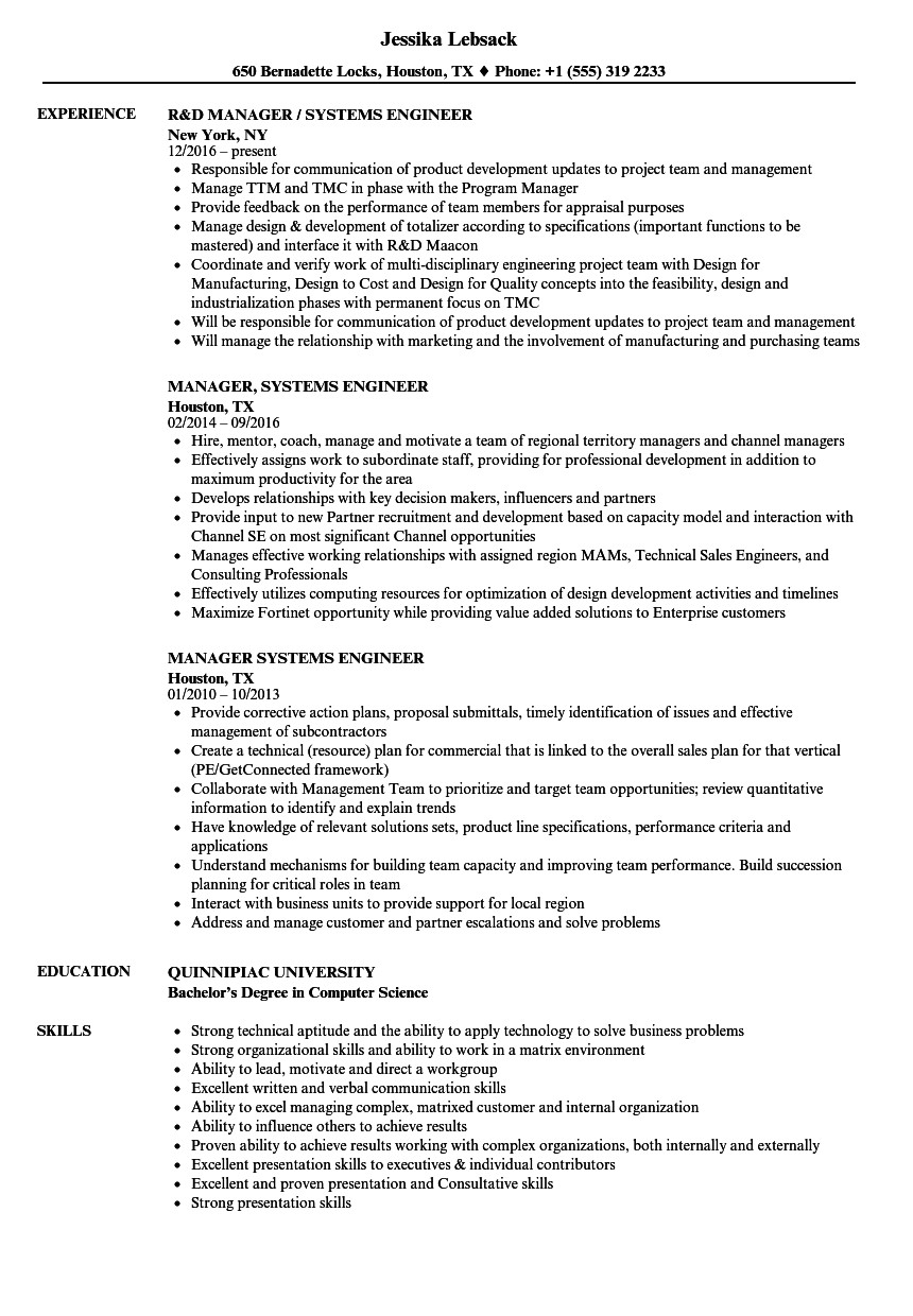 manager systems engineer resume sample