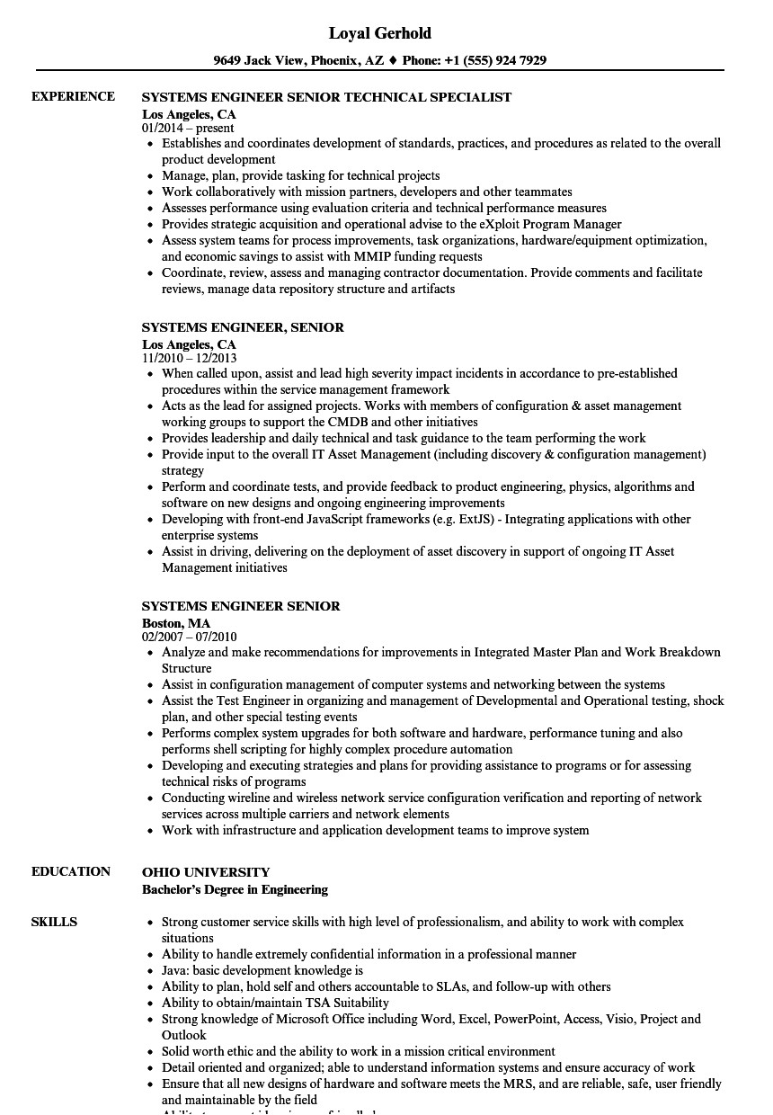 systems engineer senior resume sample