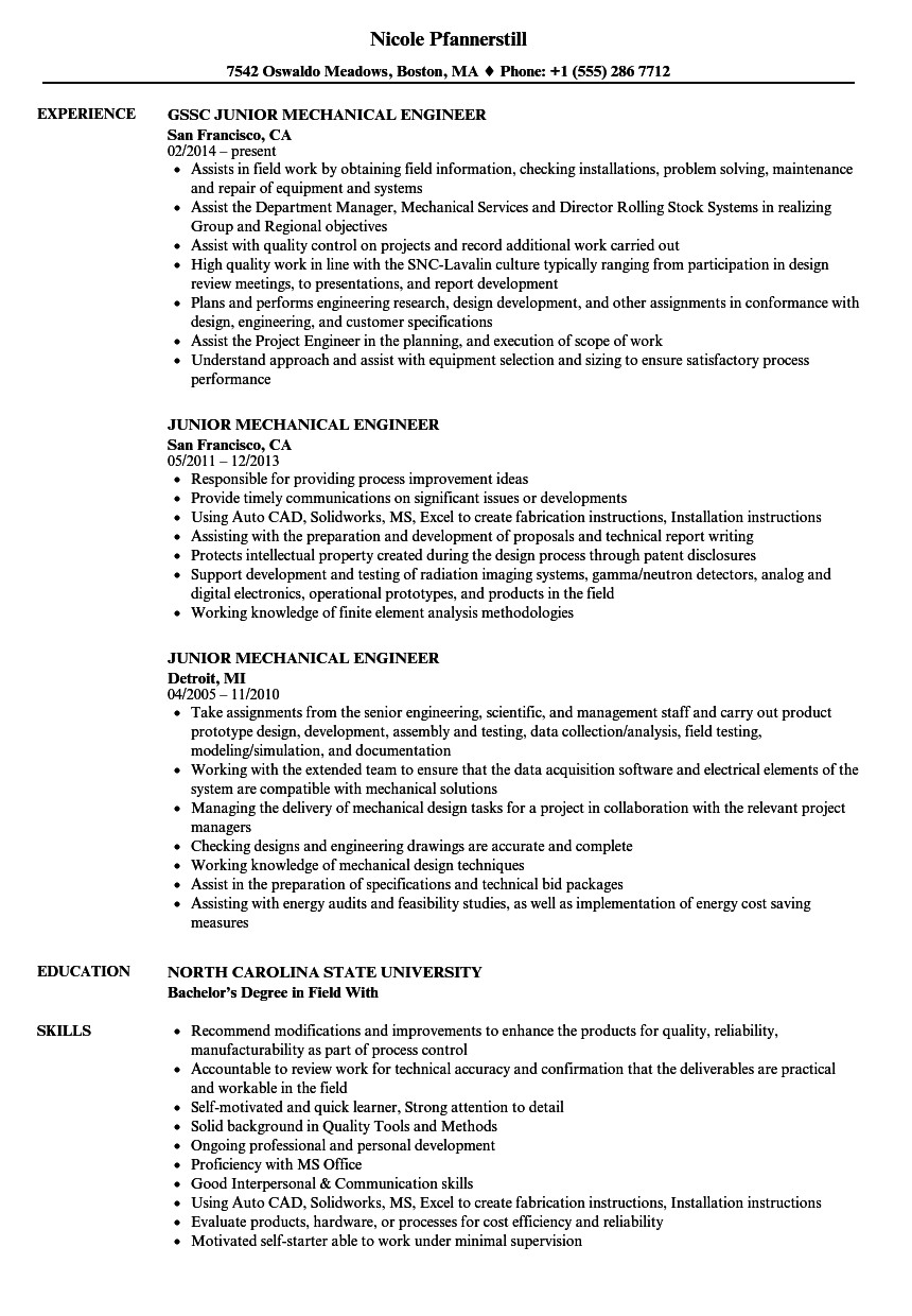 Junior Mechanical Engineer Resume Junior Mechanical Engineer Resume Samples Velvet Jobs