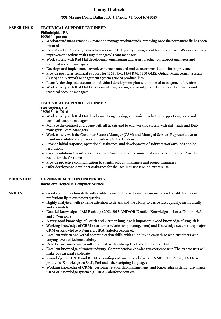technical support engineer resume sample