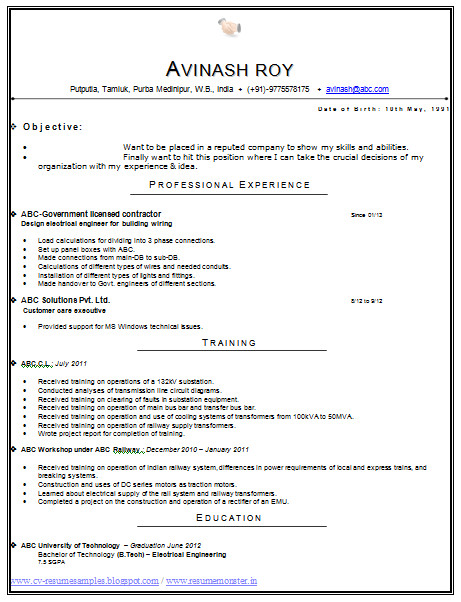 latest resume format for b tech