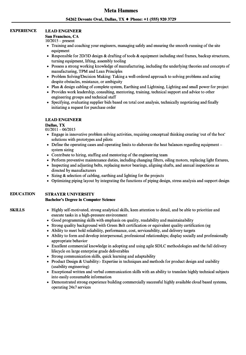 lead engineer resume sample