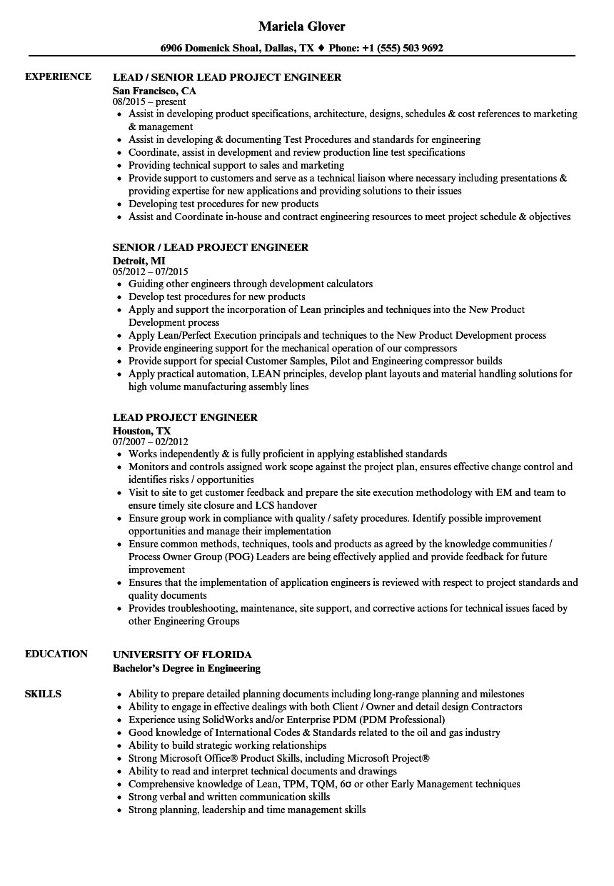 lead project engineer resume sample