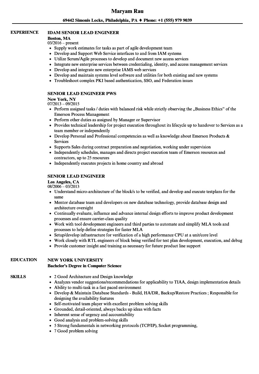 senior lead engineer resume sample
