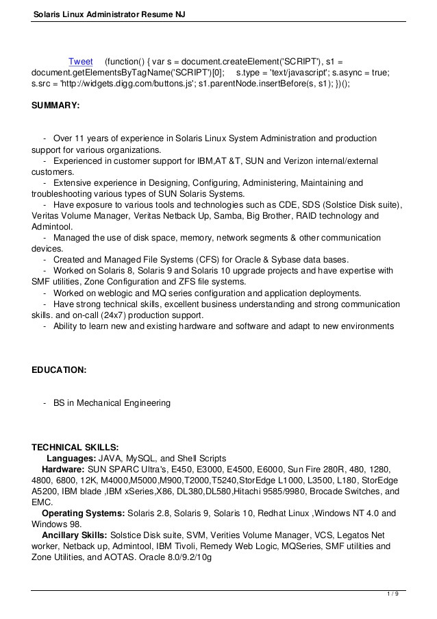 Linux Resume Sample Sample Resume for Linux System Administrator Fresher