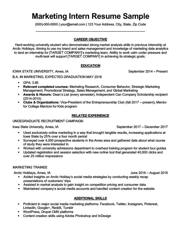 marketing intern resume