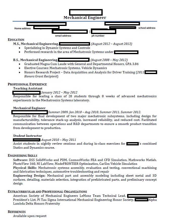 mechanical engineering resume keywords for california college students