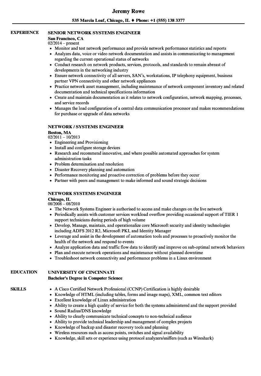 network systems engineer resume sample