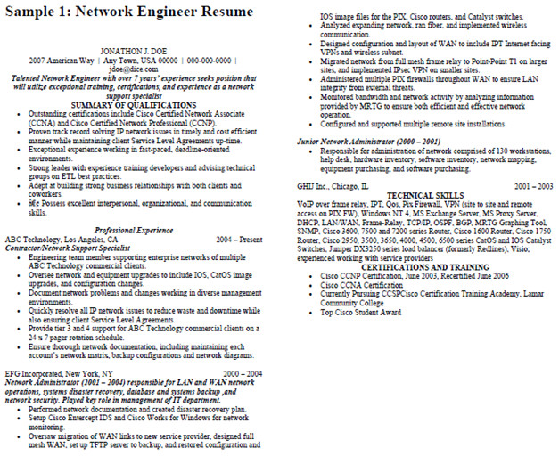 network engineer resume example
