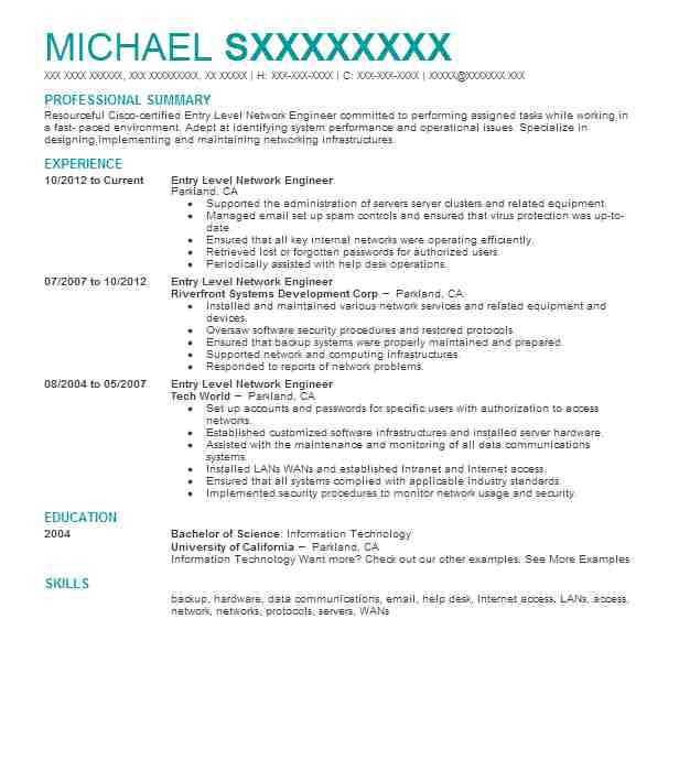 entry level network engineer resume objective