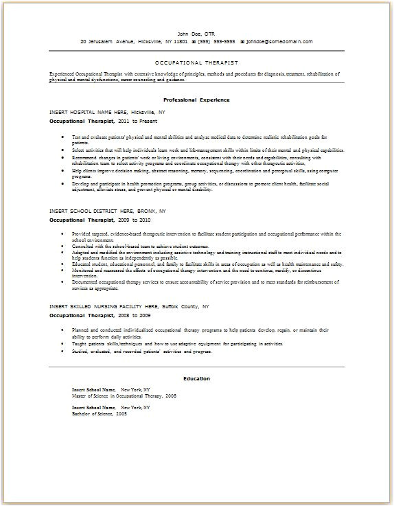 sample occupational therapist resume