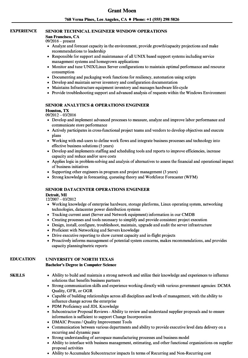 operations engineer senior resume sample