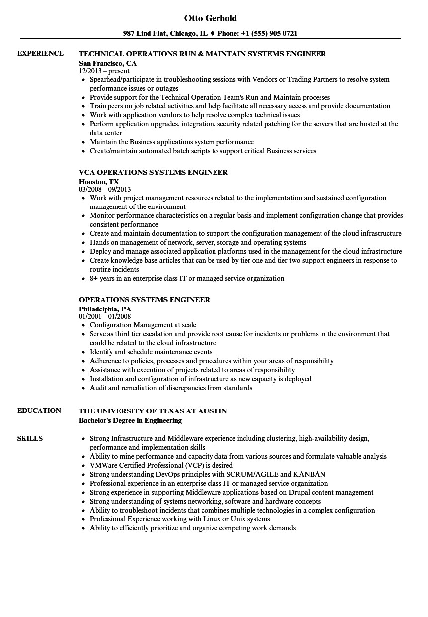 operations systems engineer resume sample