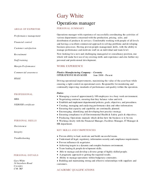 operations manager resume