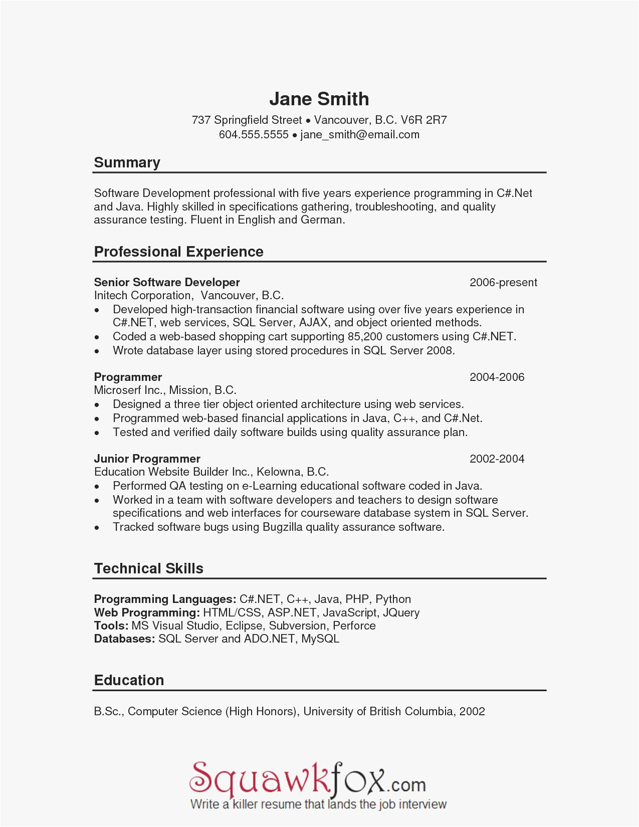 sql fresher resume sample