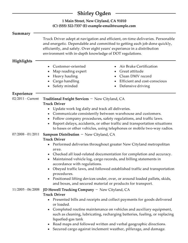 truck driver resume example