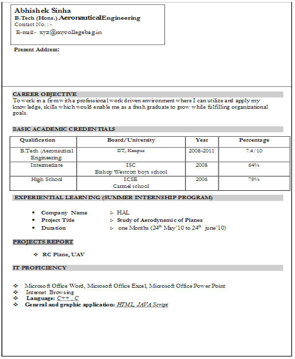 resume format for freshers
