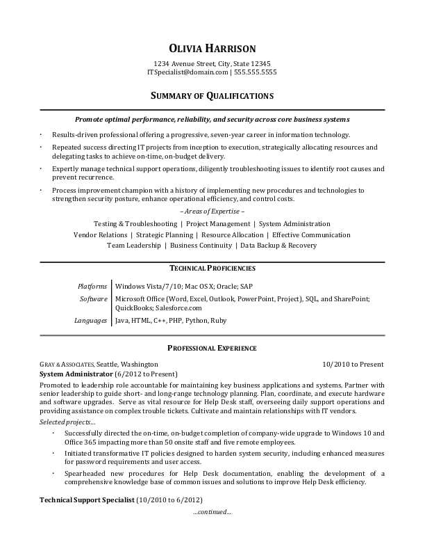 sample resume for it professional