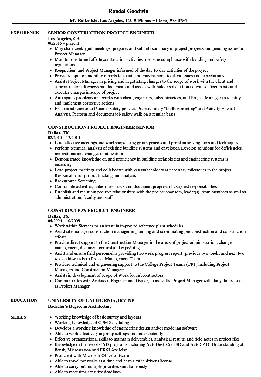 construction project engineer resume sample